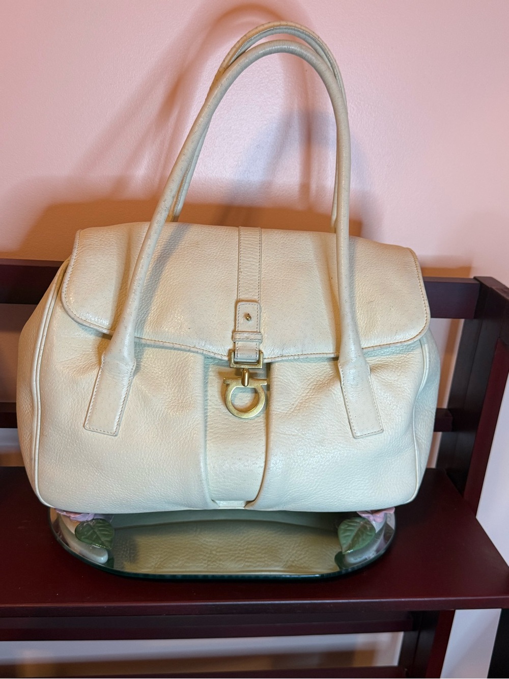 Cream Ferragamo Leather Satchel Handbag with Gold Hardware